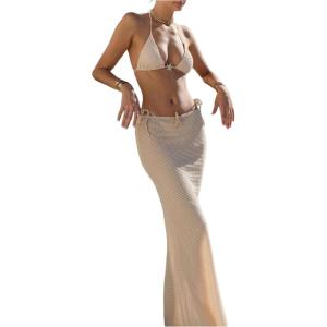 imageMakeMeChic Womens Halter Triangle Bikini Sets Floral 3 Piece Swimsuit Bathing Suit Cover Up Long SkirtBeige