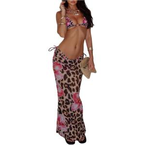 imageMakeMeChic Womens Halter Triangle Bikini Sets Floral 3 Piece Swimsuit Bathing Suit Cover Up Long SkirtBrown Pink Flower
