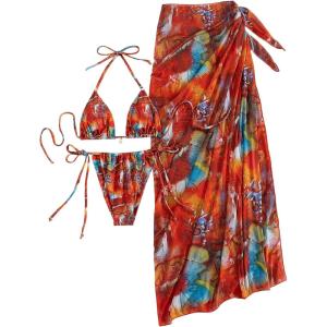 imageMakeMeChic Womens Halter Triangle Bikini Sets Floral 3 Piece Swimsuit Bathing Suit Cover Up Long SkirtBurgundy Multi