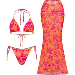 imageMakeMeChic Womens Halter Triangle Bikini Sets Floral 3 Piece Swimsuit Bathing Suit Cover Up Long SkirtFlower Orange