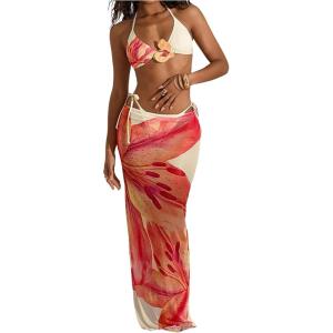 imageMakeMeChic Womens Halter Triangle Bikini Sets Floral 3 Piece Swimsuit Bathing Suit Cover Up Long SkirtFlower Yellow Orange