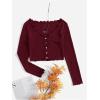 imageMakeMeChic Womens Casual V Neck Lettuce Trim Rib Knitted Long Sleeve Button Down Tee Shirt TopsBurgundy