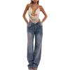 imageMakeMeChic Womens Crochet Halter Top Tie Open Back Metal Ring Draped Front Y2k Sexy Rave Festival Concert TopsBeige