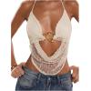 imageMakeMeChic Womens Crochet Halter Top Tie Open Back Metal Ring Draped Front Y2k Sexy Rave Festival Concert TopsBeige