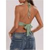 imageMakeMeChic Womens Crochet Halter Top Tie Open Back Metal Ring Draped Front Y2k Sexy Rave Festival Concert TopsMint Green
