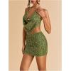 imageMakeMeChic Womens Crochet Halter Top Tie Open Back Metal Ring Draped Front Y2k Sexy Rave Festival Concert TopsSequin Green