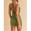 imageMakeMeChic Womens Crochet Halter Top Tie Open Back Metal Ring Draped Front Y2k Sexy Rave Festival Concert TopsSequin Green