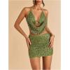 imageMakeMeChic Womens Crochet Halter Top Tie Open Back Metal Ring Draped Front Y2k Sexy Rave Festival Concert TopsSequin Green