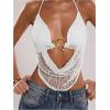 imageMakeMeChic Womens Crochet Halter Top Tie Open Back Metal Ring Draped Front Y2k Sexy Rave Festival Concert TopsWhite