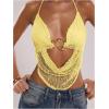 imageMakeMeChic Womens Crochet Halter Top Tie Open Back Metal Ring Draped Front Y2k Sexy Rave Festival Concert TopsYellow
