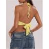 imageMakeMeChic Womens Crochet Halter Top Tie Open Back Metal Ring Draped Front Y2k Sexy Rave Festival Concert TopsYellow