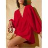 imageMakeMeChic Womens Deep V Neck Lantern Sleeve Dress Backless Summer Smock Mini DressesRed