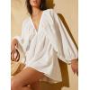 imageMakeMeChic Womens Deep V Neck Lantern Sleeve Dress Backless Summer Smock Mini DressesWhite