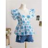 imageMakeMeChic Womens Floral Ruffle Sleeve Babydoll Shirts Sweetheart Neck Blouse Summer TopsBlue a