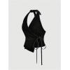 imageMakeMeChic Womens Halter Denim Top Wrap Asymmetrical Backless Fitted Y2K Crop TopsBlack