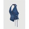 imageMakeMeChic Womens Halter Denim Top Wrap Asymmetrical Backless Fitted Y2K Crop TopsBlue
