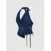 imageMakeMeChic Womens Halter Denim Top Wrap Asymmetrical Backless Fitted Y2K Crop TopsDeep Blue
