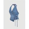 imageMakeMeChic Womens Halter Denim Top Wrap Asymmetrical Backless Fitted Y2K Crop TopsLight Blue