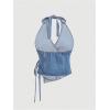 imageMakeMeChic Womens Halter Denim Top Wrap Asymmetrical Backless Fitted Y2K Crop TopsLight Blue
