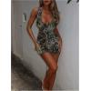 imageMakeMeChic Womens Halter Dresses Ruffle Deep V Neck Backless Bodycon Sexy Mini DressGreen