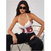 imageMakeMeChic Womens Jersey Shirts Y2k Halter Tops Draped Tie Backless Letter Print Tank Crop TopsWhite