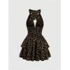 imageMakeMeChic Womens Leopard Print Halter Dress Tie Backless Tiered Ruffle Shirred Y2k Mini DressesBrown