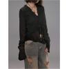 imageMakeMeChic Womens Long Sleeve Ruffle Trim Mesh Blouse Tie V Neck Y2K Crop Fairy TopsBlack