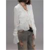 imageMakeMeChic Womens Long Sleeve Ruffle Trim Mesh Blouse Tie V Neck Y2K Crop Fairy TopsWhite