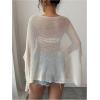 imageMakeMeChic Womens Mesh Sheer Poncho Top Crochet Knit Asymmetric Shawl Summer Beach Cover UpApricot