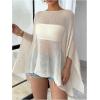 imageMakeMeChic Womens Mesh Sheer Poncho Top Crochet Knit Asymmetric Shawl Summer Beach Cover UpApricot
