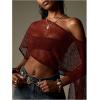 imageMakeMeChic Womens Mesh Sheer Poncho Top Crochet Knit Asymmetric Shawl Summer Beach Cover UpRust Brown