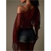 imageMakeMeChic Womens Mesh Sheer Poncho Top Crochet Knit Asymmetric Shawl Summer Beach Cover UpRust Brown
