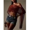 imageMakeMeChic Womens Mesh Sheer Poncho Top Crochet Knit Asymmetric Shawl Summer Beach Cover UpRust Brown
