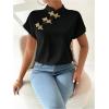 imageMakeMeChic Womens Mock Neck Cheongsam Tops Buckle Short Sleeve Blouse Shirt TopsBlack