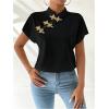 imageMakeMeChic Womens Mock Neck Cheongsam Tops Buckle Short Sleeve Blouse Shirt TopsBlack