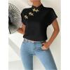 imageMakeMeChic Womens Mock Neck Cheongsam Tops Buckle Short Sleeve Blouse Shirt TopsBlack