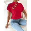 imageMakeMeChic Womens Mock Neck Cheongsam Tops Buckle Short Sleeve Blouse Shirt TopsRed