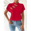 imageMakeMeChic Womens Mock Neck Cheongsam Tops Buckle Short Sleeve Blouse Shirt TopsRed