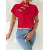 imageMakeMeChic Womens Mock Neck Cheongsam Tops Buckle Short Sleeve Blouse Shirt TopsRed