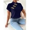 imageMakeMeChic Womens Mock Neck Cheongsam Tops Buckle Short Sleeve Blouse Shirt TopsRoyal Blue