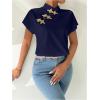 imageMakeMeChic Womens Mock Neck Cheongsam Tops Buckle Short Sleeve Blouse Shirt TopsRoyal Blue