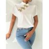 imageMakeMeChic Womens Mock Neck Cheongsam Tops Buckle Short Sleeve Blouse Shirt TopsWhite