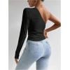 imageMakeMeChic Womens Rib Knit One Shoulder Ruched Tee Tops Asymmetrical Long Sleeve Slim Fitted T ShirtsBlack