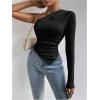 imageMakeMeChic Womens Rib Knit One Shoulder Ruched Tee Tops Asymmetrical Long Sleeve Slim Fitted T ShirtsBlack