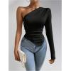 imageMakeMeChic Womens Rib Knit One Shoulder Ruched Tee Tops Asymmetrical Long Sleeve Slim Fitted T ShirtsBlack
