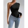 imageMakeMeChic Womens Rib Knit One Shoulder Ruched Tee Tops Asymmetrical Long Sleeve Slim Fitted T ShirtsBlack