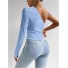 imageMakeMeChic Womens Rib Knit One Shoulder Ruched Tee Tops Asymmetrical Long Sleeve Slim Fitted T ShirtsLight Blue