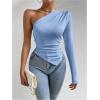 imageMakeMeChic Womens Rib Knit One Shoulder Ruched Tee Tops Asymmetrical Long Sleeve Slim Fitted T ShirtsLight Blue