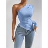imageMakeMeChic Womens Rib Knit One Shoulder Ruched Tee Tops Asymmetrical Long Sleeve Slim Fitted T ShirtsLight Blue