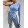 imageMakeMeChic Womens Rib Knit One Shoulder Ruched Tee Tops Asymmetrical Long Sleeve Slim Fitted T ShirtsLight Blue